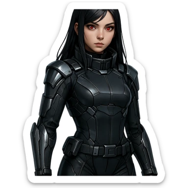 dark-haired, red-eyed girl in a high-tech officer outfit with metallic details, futuristic, sleek, sci-fi style sticker