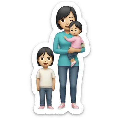 asian sad mum holding two kids, full body standing sticker