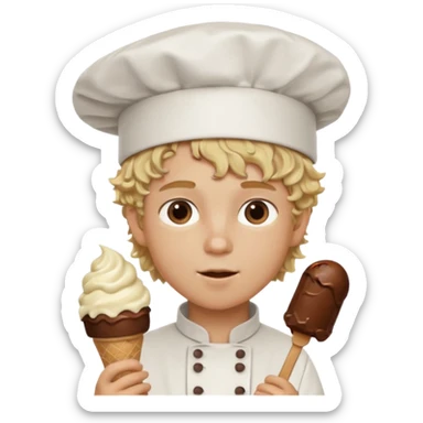 boy blonde curly hair, chef, eating chocolate ice cream sticker