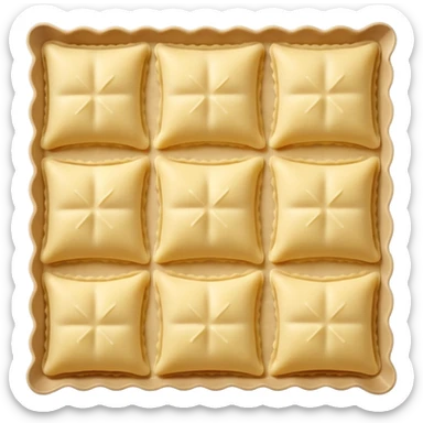 ravioli sheets small square pale yellow dough crimped edges central bump for filling smooth matte flour dusting loose overlapping scatter raw ravioli soft lighting emoji scale sticker