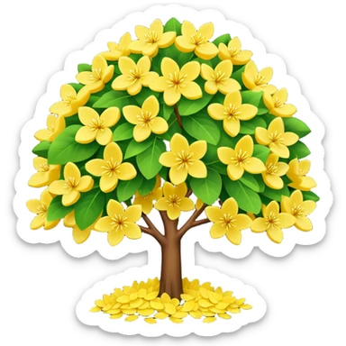 Vibranium shrub  in emoji format. I bunch of yellow whitish flowers with green leaves behind. Minimalistic. Make the shrub look more like cherry tree petals sticker