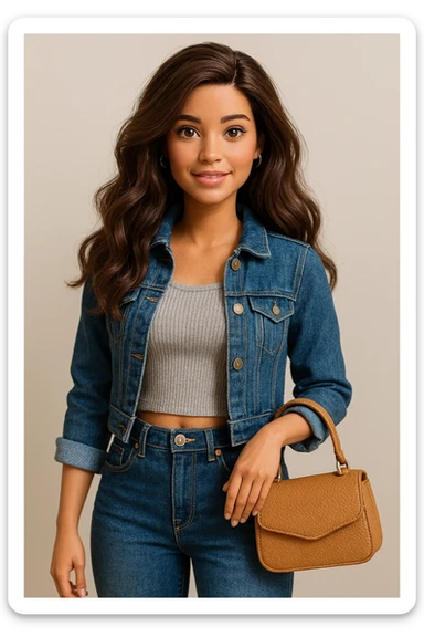 Barbie with wavy brunette hair, trendy outfit, holding a purse, friendly expression sticker