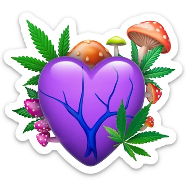 purple heart with blue veins with cannabis plants and mushrooms sticker