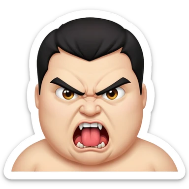 young angry fat man in profile view with black hair, fangs, crossed eyes, long tongue sticking out sticker