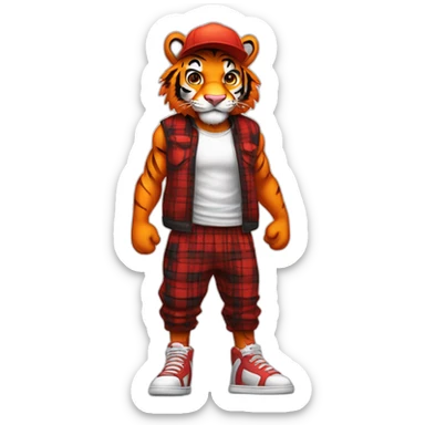 Anthropomorphic Humanoid muscular tall fuzzy male orange tiger, wearing white tanktop, red snapback cap, black sweatpants, red sneakers, red plaid cloth, happy sticker