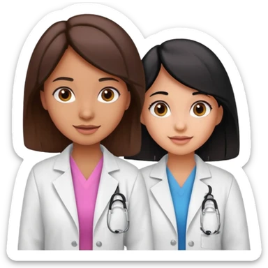 cientificas con blusa rosa y bata blanca felices, una chica con pelo marrón y otra chica un poco mas pequeña como una niña con pelo negro, deben tener la piel un poco bronceadas sticker