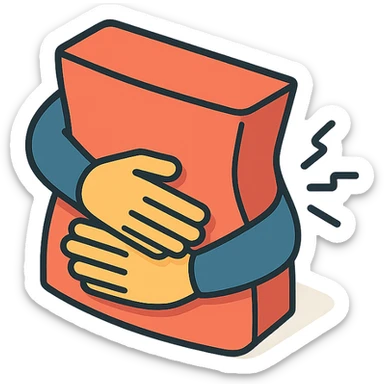 close-up of a person's stomach with hands crossed over it protectively, showing pain, only the stomach and hands, no face, 2D isometric illustration style sticker