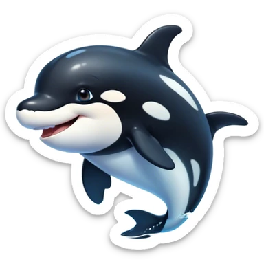 Cinematic Cute orca Portrait Emoji, Head tilted playfully and inquisitively, featuring a smoothly rounded body with bright, sparkling eyes and an adorable, friendly smile, Simplified yet irresistibly adorable features, highly detailed, glowing with a warm, ocean-blue glow, high shine, affectionate and lively, stylized with a touch of whimsical aquatic charm, soft glowing outline, capturing the essence of a mischievous yet endearing orca that seems as if it could leap right into your heart! sticker