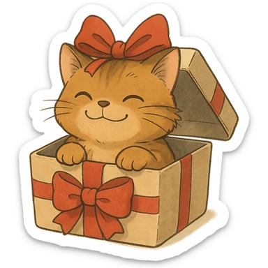 cat inside a gift box with a ribbon on head, smiling, soft Ghibli style sticker