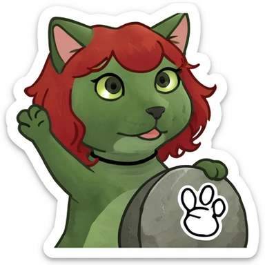 tan curly red haired cat wig with y2k clothing pulling up a rock star symbol with her paw sticker