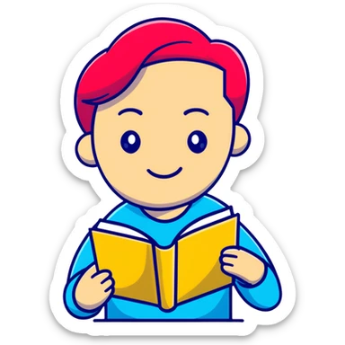cartoon psychologist character with raised eyebrow, holding a book titled existentialism or life as a project, thoughtful expression, pink red yellow palette sticker