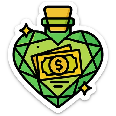 Change the heart-shaped bottle color to a luxurious, rich #c0ff53 green. Add more luxury and golden details while maintaining the diamond effect. Include a money motif inside the bottle. Remove the background. sticker