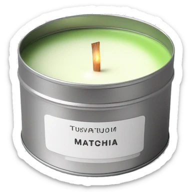 matcha scented candle in a silver tin with a small white label realistic sticker