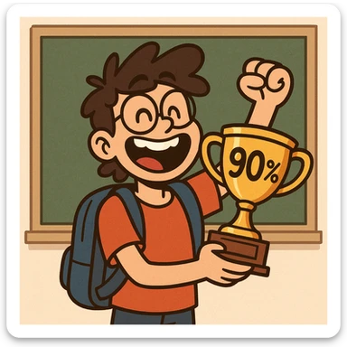 a happy student holding a trophy labeled '90%', standing in front of a chalkboard, cartoon style sticker