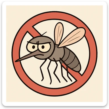 minimal cartoon mosquito inside a bold red circle with diagonal line, clear and easy to understand, simple cartoon style sticker