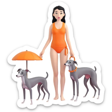Slim Chinese woman with long black hair in appropriate beach attire at the beach with her completely solid grey Italian greyhound, ocean and sand visible, the dog has absolutely no white markings anywhere sticker