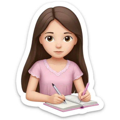 white brunette teen long hair with hazel eyes in a light pink dress writing in a notebook sticker