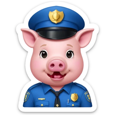 a pig, upright, in a police officer uniform, drooling and looking to the bottom left sticker