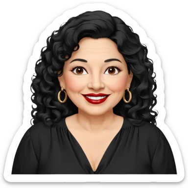 60 yr old Mexican woman, slightly chubby, wavy/curly long black hair, red lipstick, big smile, white teeth, brown eyes, hoop earings, side part to hair, round face, nice blouse, no wrinkle hair side swept, big hoop earing sticker