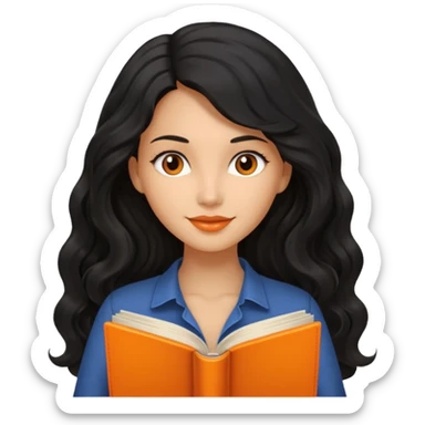 Long Hair Women with orrange Book, Black wavy hair sticker