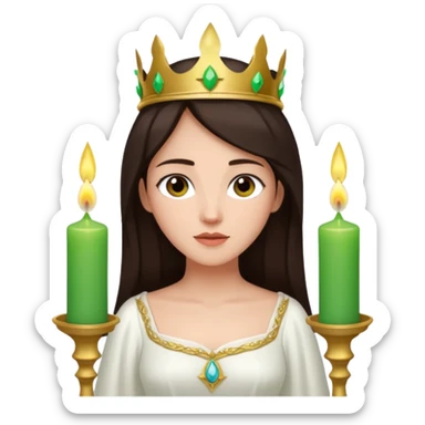  saint lucia with dark brown hair with a white gown and a green crown with candles on the crown sticker