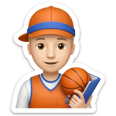 cute basketball coach portrait, head and shoulders only, whistle, cap, clipboard strap, confident smile, 3D cartoon, mobile game icon style, clean background, no text, no watermark
 sticker