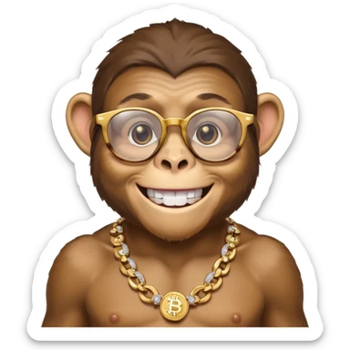 rich monkey (actual monkey, not human looking) with glasses smiling with diamond grillz and a bitcoin golden chain with diamond pearls sticker