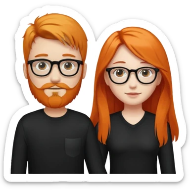 girl with long orange hair wearing no glasses and all black clothes and holding hands with boy with black hair and beard and glasses and pale skin sticker