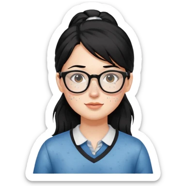 안경 쓰고있는 검은색 머리 한쪽만 포니테일하고 잇는 여자애를 그려줘 주근깨도 sticker