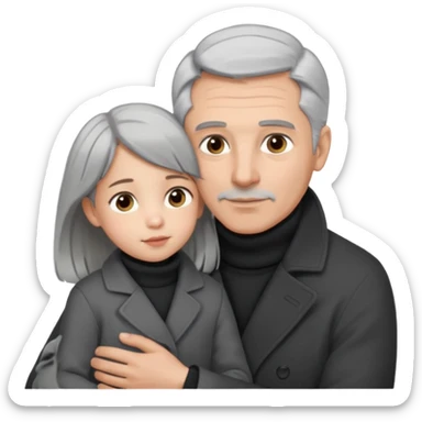 A father with silver-grey hair styled neatly and a clean-shaven face, wearing a dark turtleneck and wool coat, holding his girl child gently.  sticker