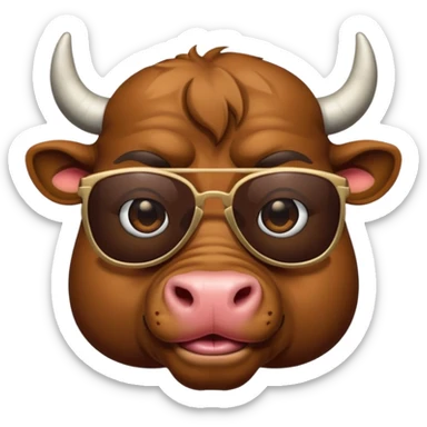 generate an emoji of a bull's face that's in a close up. the bull is travelling. maybe wearing sunglasses or drinking a drink or carrying a suitcase sticker