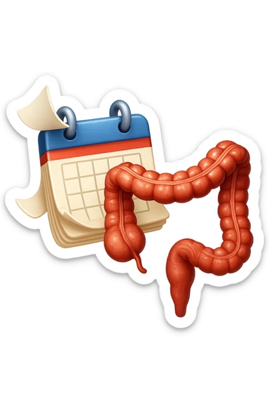 emoji stile iphone di un calendario con fogli che volano insieme a pezzi anatomici di colon umano, iperrealistico 4k, isolato su sfondo bianco sticker