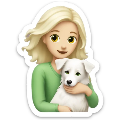 Blonde girl with Green eyes hugging white border collie sticker