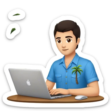 A digital nomad in bali working on a laptop wearing a tropical blue shirt with a palm tree on the side sticker