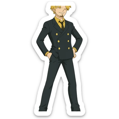 full body Sanji from One Piece, anime style, iconic curly eyebrow, blond hair, wearing black suit, confident pose sticker