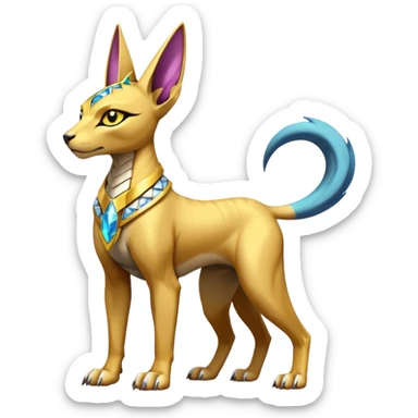 Modern futuristic shiny diamond colorful Anubis-Sphynx-Lombax-Zeraora-Renamon-fusion (full body) sticker
