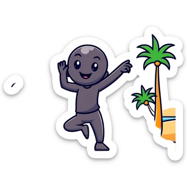 Happy cartoon character dancing on beach with sun rays highlighting them, tripa tropa party mood, sand and palm trees sticker