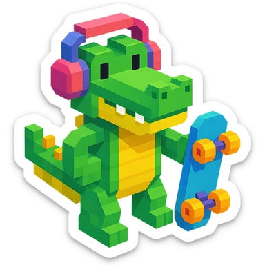 crocodile with headphones holding a skateboard, isometric view, voxel style sticker