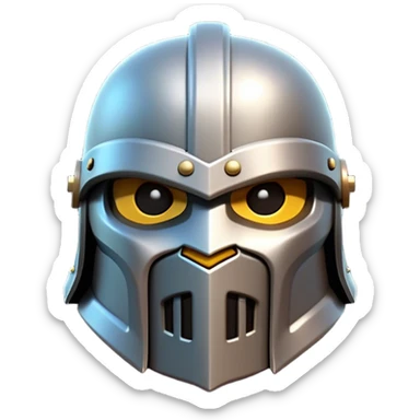 Clash of Clans aesthetic: Cinematic Playful 3D Isometric steel helm Emoji, rendered in a 3D vector-style similar to standard emojis with minimal shading and bold, simplified shapes. A compact, distinct form with signature details, softly glowing with a fantasy RPG magic charm. Simplified yet unmistakably iconic, highly detailed and consistent, glowing with a soft radiance and high shine. Stylized with a touch of heroic grandeur and a soft glowing outline, capturing the essence of a beloved gaming relic with a friendly, playful manner! sticker