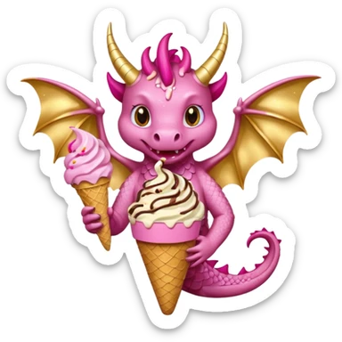 A dragon with its shiny glittered wings in pink tones and pink and gold legs, eats vanilla and chocolate ice cream sticker