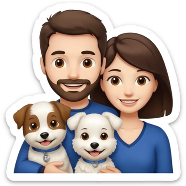 scottish man with stubble, brunette woman and white fluffy dog sticker