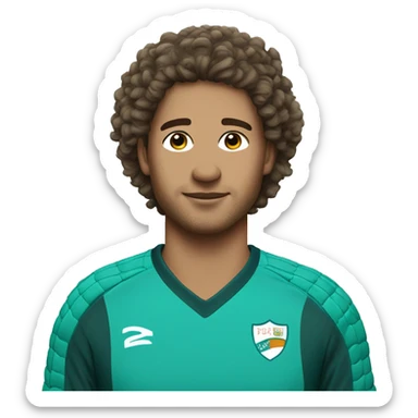 Goalkeeper with curly brown  hair wearing a teal colored jersey sticker