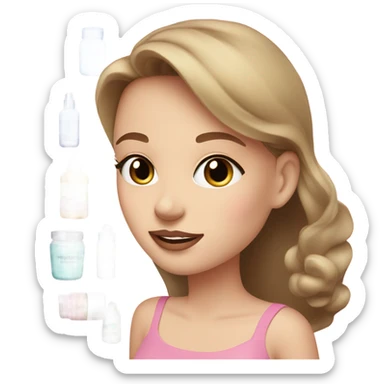 skin care cosmetics jars and tubes pink, light green and blue and a girl with light brown hair and white skin holds these jars sticker