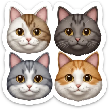 3 different coloured short haired cats including; a dark brown tabby and white cat, and a dark grey and white  sticker