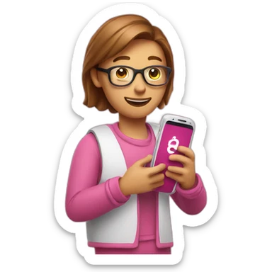 holding a smartphone with big pink subscription mark on the screen sticker