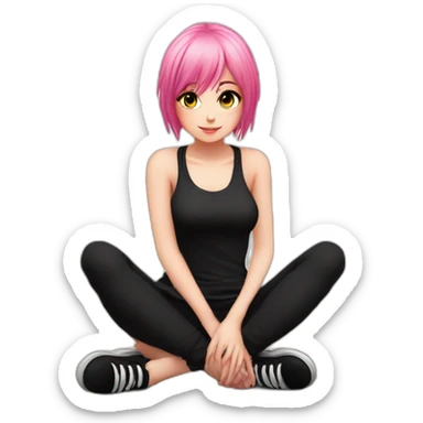 Full body Front view curvy emo girl pink hair sits on the floor straight view hands up black skirt белые трусики полосатые рваные чулки sticker