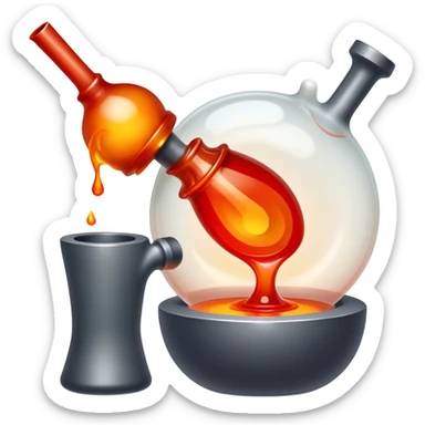 Glassblowing and casting icon, molten glass being shaped into a delicate object with a blowpipe, glowing red-hot glass being poured into a mold, unfinished glass sculpture, minimalistic style, clean lines, transparent background. sticker