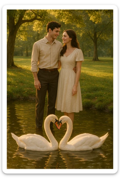 Vertical format: A man and woman in a park looking at two swans forming a heart with their necks, the couple exchanging a tender glance, romantic atmosphere. sticker