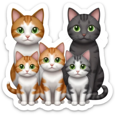 4 different coloured small cats including a dark grey and white, and a patchy calico, and a brown tabby and white,  and a completely solid dark grey with green eyes and only white paws sticker