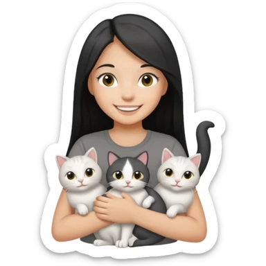 a pretty tan bratz girl with black long straight hair, wearing a grey tshirt smiling and holding 3 white cat\ sticker